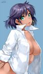  1girl breasts dark_skin dark_skinned_female earrings fushigi_no_umi_no_nadia green_eyes happa_(cloverppd) jewelry large_breasts looking_at_viewer nadia open_mouth purple_hair short_hair simple_background solo 