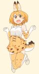  1girl :d animal_ear_fluff animal_ears animal_print bangs bare_shoulders beige_background bow bowtie clenched_hands cross-laced_clothes dot_nose elbow_gloves extra_ears eyebrows_visible_through_hair feet_up footwear_bow full_body gloves hair_between_eyes hands_up high-waist_skirt highres jumping kasa_list kemono_friends looking_at_viewer miniskirt open_mouth orange_eyes orange_hair print_bow print_gloves print_neckwear print_skirt serval_(kemono_friends) serval_ears serval_print serval_tail shirt short_hair simple_background skirt sleeveless sleeveless_shirt smile solo striped_tail tail tareme thighhighs w_arms white_bow white_footwear white_shirt zettai_ryouiki 