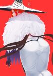  1girl absurdres ass back bangs blush claws dress earrings fate/grand_order fate_(series) feather_boa hat highres jewelry long_hair long_sleeves looking_at_viewer looking_back miss_crane_(fate) puffy_sleeves purple_eyes puzenketsu red_background red_hair white_dress white_headwear witch_hat 