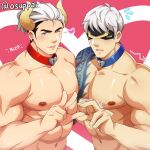  2boys arm_tattoo bara blindfold blue_eyes blush choker covered_eyes dragonmancer_lee_sin hand_up heart heart_choker horns jarvan_iv_(league_of_legends) kaiki_(osuppai) large_pectorals league_of_legends lee_sin looking_at_viewer male_focus multiple_boys muscular muscular_male navel nipples pectoral_docking pectoral_press pectorals short_hair smile tattoo tongue tongue_out twitter_username undercut upper_body v white_hair yaoi 