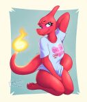  &lt;3 2021 27:32 anthro barefoot blush bottomless bottomless_female charmeleon clothed clothing collarbone digital_drawing_(artwork) digital_media_(artwork) digitigrade english_text eyelashes feet female fire flat_chested green_eyes greenlinzerd hand_behind_head hi_res humor kneeling looking_away nintendo paprika_(greenlinzerd) pok&eacute;mon pok&eacute;mon_(species) pok&eacute;morph pulling_shirt_down pun red_body red_scales scales scalie shirt shy signature simple_background solo t-shirt text topwear video_games 