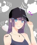  1girl bangs bare_shoulders baseball_cap black_headwear blue_eyes blue_tank_top blunt_bangs crab eyebrows_visible_through_hair hand_up hat highres holding holding_clothes holding_hat lips lipstick looking_at_viewer makeup monogatari_(series) purple_hair red_lips senjougahara_hitagi shinletai tank_top tattoo 