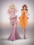  2girls alternate_costume blonde_hair blue_eyes blue_nails brown_hair dress earrings fashion full_body gradient gradient_background grey_background hand_on_shoulder highres jewelry long_hair mario_(series) multiple_girls orange_dress oskar_vega parted_lips pink_dress princess_daisy princess_peach shadow short_sleeves sleeveless sleeveless_dress standing 