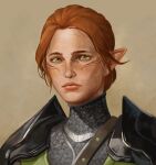  1girl armor bangs chainmail cheetahman_(1ddghfr78cswc) dragon_age dragon_age:_inquisition elf facial_tattoo freckles green_eyes hair_bun highres inquisitor_(dragon_age) lips parted_bangs pauldrons pointy_ears red_hair shoulder_armor simple_background solo tattoo upper_body 