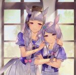  2girls :3 animal_ears aqua_ribbon bangs blush bow braid braided_ponytail brown_headwear commentary_request crossed_arms ear_ribbon eyebrows_visible_through_hair gold_ship_(umamusume) hair_bow hands_on_another&#039;s_cheeks hands_on_another&#039;s_face highres horse_ears horse_girl horse_tail indoors looking_at_another looking_at_viewer mejiro_mcqueen_(umamusume) multiple_girls pillbox_hat pink_bow pink_eyes puffy_short_sleeves puffy_sleeves purple_bow purple_eyes purple_hair purple_shirt ribbon shirt short_sleeves silver_hair skirt swept_bangs tail tsunakawa twintails umamusume upper_body vector_trace white_skirt 