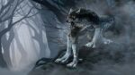  2021 absurd_res anthro blue_eyes canid canine canis digital_media_(artwork) fog forest hi_res male mammal open_mouth plant rakan scar tree were werecanid werecanine werewolf wolf wolfroad 