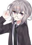  1girl absurdres adjusting_eyewear bespectacled blush girls_frontline glasses grey_hair highres jacket m200_(girls_frontline) necktie ponytail purple_eyes rotroto semi-rimless_eyewear simple_background solo upper_body white_background 