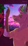  afternoon anthro clothing colored_nails ear_piercing ears_up fangs green_horn green_muzzle hair hi_res horn male multi_eye multicolored_eyes multicolored_hair nails piercing pink_horn pink_nails plant solo sunset yellow_eyes 