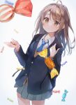  1girl absurdres backpack bag blazer blue_neckwear brown_eyes brown_hair candy cardigan copyright_request cowboy_shot falling food highres holding holding_candy holding_food jacket long_hair necktie pleated_skirt school_uniform skirt solo white_background yushima 