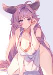  1girl ahoge aki663 all_fours alternate_costume animal_ears blush breasts cleavage collarbone erune esser frown granblue_fantasy hair_tucking large_breasts long_hair looking_at_viewer nipples pelvic_curtain pink_hair purple_eyes revealing_clothes see-through solo very_long_hair 