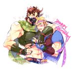  2boys abs annoyed arm_around_shoulder artist_name bandaid bandaid_on_arm bandaid_on_cheek bandaid_on_face bandaid_on_nose bandaid_on_shoulder bandaid_on_stomach bare_shoulders battle_tendency belt birthday blonde_hair blue_eyes blue_nails blue_shirt blush brown_hair caesar_anthonio_zeppeli closed_eyes clothing_cutout commentary_request covered_mouth crop_top cropped_torso facial_mark feathers fingerless_gloves fingernails glint gloves green_gloves green_nails green_scarf hair_feathers hand_on_hip happy_birthday hatoyama_itsuru headband heart hug jojo_no_kimyou_na_bouken joseph_joestar_(young) male_focus mask midriff mouth_mask multiple_boys muscular muscular_male nail_polish navel open_mouth pectorals scarf scratches shirt short_hair short_sleeves simple_background sleeveless star_(symbol) striped striped_scarf t-shirt torn_clothes triangle_print twitter_username upper_body white_background 