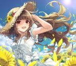  1girl :d armpits arms_up bangs blunt_bangs brown_hair cloud dress flower hat highres idolmaster idolmaster_cinderella_girls kamiya_nao long_hair looking_at_viewer open_mouth outdoors petals red_eyes shino_sto sky smile solo straw_hat sun sundress sunflower thick_eyebrows upper_teeth wind 
