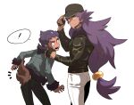  ! 2boys baseball_cap black_pants bright_pupils brothers closed_mouth commentary_request dark_skin dark_skinned_male eyelashes facial_hair fur-trimmed_jacket fur_trim gen_5_pokemon hat highres hop_(pokemon) jacket korean_commentary leon_(pokemon) long_hair long_sleeves male_focus multiple_boys notice_lines open_mouth pants pokemon pokemon_(game) pokemon_swsh pokemon_tail purple_hair redlhzz short_hair siblings simple_background smile spoken_exclamation_mark teeth white_background white_pants white_pupils yellow_eyes zorua 