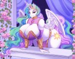  anthro anthrofied big_breasts breasts cleavage clothed clothing cutie_mark equid equine eyelashes feathered_wings feathers female friendship_is_magic hair hasbro horn huge_breasts looking_at_viewer mammal multicolored_hair multicolored_tail my_little_pony princess_celestia_(mlp) solo sparkles spottedtigress thick_thighs winged_unicorn wings 