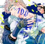  1boy 2018 battle_tendency beamed_eighth_notes birthday blonde_hair blue_gloves blue_jacket caesar_anthonio_zeppeli character_name closed_eyes commentary facial_mark feathers fingerless_gloves gloves grin hair_feathers happy_birthday headband holding holding_paintbrush jacket jojo_no_kimyou_na_bouken joseph_joestar_(young) koeri male_focus musical_note out_of_frame paint paint_on_clothes paint_stains paintbrush shirt short_hair smile solo_focus symbol_commentary triangle_print white_shirt 