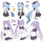  2girls ? ahoge bell black_gloves blue_hair breasts chibi cowbell crossed_arms detached_sleeves eyes ganyu_(genshin_impact) genshin_impact gloves goat_horns hair_cones horns keqing_(genshin_impact) long_hair medium_breasts multiple_girls multiple_views negom purple_eyes purple_hair simple_background sketch spoken_question_mark twintails white_background 
