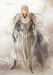  1boy armor blonde_hair blue_cape blue_eyes boots breastplate cape character_name circlet closed_mouth dual_wielding full_body gauntlets highres holding holding_sword holding_weapon kazuki-mendou long_hair male_focus pauldrons shoulder_armor signature solo standing sword the_hobbit thranduil weapon 