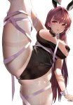  1girl animal_ears bangs blush breasts damda fake_animal_ears fate/grand_order fate_(series) hair_intakes heart_pasties highres large_breasts leg_lift open_mouth pantyhose pasties playboy_bunny purple_hair red_eyes revealing_clothes ribbon scathach_(fate) scathach_(fate)_(all) solo split standing standing_on_one_leg standing_split 