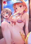  2girls bikini blue_eyes blue_sky blush bow breasts brown_hair commentary_request day drooling eating eyebrows_visible_through_hair food hair_bow highres jewelry kanabun looking_at_viewer love_live! love_live!_sunshine!! medium_breasts multiple_girls necklace open_mouth orange_hair popsicle red_eyes short_hair sky smile striped striped_bikini sunlight swimsuit takami_chika visor_cap watanabe_you white_bikini yellow_bow 