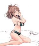  1girl blue_eyes blush bra breasts brown_hair character_name collarbone eyebrows_visible_through_hair green_bra green_panties hair_between_eyes highres kantai_collection large_breasts long_hair navel panties rizzl saratoga_(kancolle) side_ponytail signature simple_background solo twintails underwear white_background 