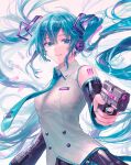  1girl bangs bare_shoulders black_skirt black_sleeves blue_eyes blue_hair blue_nails blue_neckwear breasts cartridge collared_shirt commentary detached_sleeves eyebrows_visible_through_hair fingernails grin gun hair_between_eyes hair_ornament handgun hatsune_miku headset highres holding holding_gun holding_weapon long_hair long_sleeves looking_at_viewer medium_breasts multicolored_hair nail_polish necktie nyam_030 pink_hair pistol shirt skirt smile solo streaked_hair twintails upper_body very_long_hair vocaloid weapon white_background white_shirt 