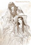  2boys braid brown_theme character_name elf fingon harp highres holding holding_instrument instrument ivy kazuki-mendou long_hair looking_at_viewer maedhros male_focus monochrome multiple_boys parted_lips pointy_ears robe sepia shirt side_braid silmarillion smile solo 