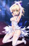  1girl absurdres ahoge armpits artoria_pendragon_(all) blonde_hair blue_bow blue_choker bow breasts choker devil_heavens dress elbow_gloves fate/grand_order fate_(series) garter_straps gloves green_eyes hair_bow high_heels highres navel panties ponytail restrained saber_lily short_dress sleeveless sleeveless_dress small_breasts solo sweat thighhighs torn_clothes torn_dress underwear white_dress white_footwear white_legwear white_panties 