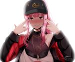  1girl astraea_(atelierastraea) bangs blunt_bangs breasts dababy_(rapper) eyebrows_visible_through_hair hololive hololive_english large_breasts long_hair looking_at_viewer mori_calliope pink_eyes pink_hair ponytail simple_background solo upper_body virtual_youtuber white_background 