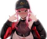  1girl astraea_(atelierastraea) bangs blunt_bangs breasts dababy_(rapper) eyebrows_visible_through_hair hololive hololive_english large_breasts long_hair looking_at_viewer mori_calliope pink_eyes pink_hair ponytail simple_background solo upper_body virtual_youtuber white_background 