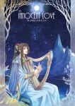  1boy bracer brown_hair circlet finwe from_side harp highres instrument kazuki-mendou lake long_hair male_focus mountain music night night_sky open_mouth playing_instrument pointy_ears ponytail purple_eyes robe silmarillion sitting sky solo star_(sky) starry_sky very_long_hair 