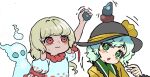  1other 2girls bangs blonde_hair blouse bow earlobes ebisu_eika frilled_shirt frilled_shirt_collar frills ghost green_eyes green_hair hat hat_bow hat_ribbon holding_rock howhow_notei komeiji_koishi looking_at_another multiple_girls open_mouth puffy_short_sleeves puffy_sleeves pun red_eyes ribbon rock_balancing shirt short_hair short_sleeves stacking stone touhou upper_body wavy_mouth white_background yellow_blouse yellow_shirt 