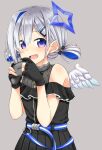 1girl :d amane_kanata bangs bare_shoulders black_dress black_gloves blue_eyes blue_hair blue_wings commentary_request controller dress eyebrows_visible_through_hair feathered_wings flo game_controller gloves grey_hair grey_shirt hair_between_eyes hair_ornament hair_rings hairclip hands_up highres holding hololive looking_at_viewer mini_wings multicolored_hair off-shoulder_dress off_shoulder open_mouth partially_fingerless_gloves pleated_dress shirt sleeveless sleeveless_shirt smile solo two-tone_hair virtual_youtuber white_wings wings 