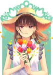  1girl bangs blunt_bangs brown_hair earrings flower hat highres holding holding_flower jewelry nail_polish original petals pink_eyes red_nails shirt simple_background sleeveless straw_hat tulip upper_body white_shirt yuzor_a_rancia 