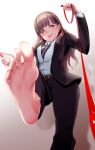  1girl bangs barefoot belt blunt_bangs brown_eyes brown_hair business_suit dress_shirt formal highres jacket leash long_hair looking_at_viewer o-hako open_clothes open_jacket original pant_suit pov shirt soles solo suit suit_jacket toes 