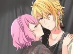  1boy 1girl blonde_hair closed_eyes earrings hetero jewelry kiss looking_at_viewer male_focus necklace niconico nqrse pink_hair rummy_73 senra_(singer) short_hair simple_background urashimasakatasen utaite_(singer) yellow_eyes 