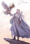  1boy arrow_(projectile) belt bird blonde_hair boots bow_(weapon) cape character_name closed_mouth eagle falconry from_side gloves highres holding holding_bow_(weapon) holding_weapon kazuki-mendou long_hair male_focus pointy_ears profile quiver robe signature solo the_hobbit thranduil weapon white_cape 