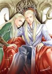  2boys black_pants blonde_hair blue_eyes bracer braid closed_eyes crossed_legs crown fingernails hair_slicked_back highres jewelry kazuki-mendou legolas long_hair long_sleeves looking_at_viewer multiple_boys pants pointy_ears ring robe side_braid signature sitting smile the_hobbit thranduil throne 