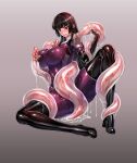  1girl black_hair bodysuit breasts cameltoe covered_nipples impossible_bodysuit impossible_clothes kamori_sayaka large_breasts latex long_hair original purple_bodysuit purple_eyes rindou_(radical_dream) shiny shiny_clothes skin_tight slime_(substance) solo tentacles worms 