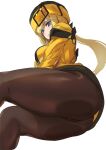  1girl ashiomi_masato blonde_hair blue_eyes brown_legwear commentary_request dress fur_hat guilty_gear guilty_gear_xrd hat highres long_hair looking_down millia_rage pantyhose see-through solo thick_thighs thighs ushanka yellow_dress yellow_headwear 