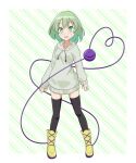  1girl :d alternate_costume black_legwear boots breasts casual cato_(monocatienus) commentary drawstring eyebrows_visible_through_hair full_body green_eyes green_hair heart heart_of_string highres hood hood_down hoodie koishi_day komeiji_koishi legs_apart long_sleeves looking_at_viewer open_mouth short_hair simple_background sleeves_past_wrists small_breasts smile solo standing thighhighs touhou white_hoodie yellow_footwear 