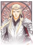  1boy absurdres armor black_cape blonde_hair blue_eyes breastplate cape circlet elf highres kazuki-mendou looking_at_viewer male_focus parted_lips pauldrons pointy_ears shoulder_armor signature solo the_hobbit thranduil upper_body 