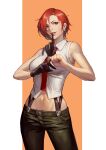  1girl bare_shoulders blue_eyes breasts gloves looking_at_viewer makeup mature_female midriff navel necktie pants phamoz red_eyes red_hair shirt short_hair sleeveless smile solo suspenders the_king_of_fighters vanessa_(kof) 