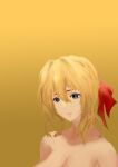  1girl absurdres blonde_hair blue_eyes breasts highres large_breasts looking_down nude red_ribbon ribbon sweat sweating_profusely user_rbg9677 violet_evergarden violet_evergarden_(character) wet yellow_background 
