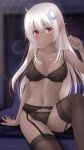  1girl bangs bare_arms bare_shoulders black_bra black_legwear black_panties blurry blurry_background blush bra breasts cleavage closed_mouth collarbone commentary_request crescent crescent_hair_ornament dark_skin dark_skinned_female depth_of_field elf eyebrows_visible_through_hair garter_belt hair_ornament highres irori_(irorixc) knee_up lace-trimmed_bra lace-trimmed_panties lace_trim large_breasts long_hair looking_at_viewer marker_(medium) navel panties pointy_ears red_eyes silk silver_hair sitting smile solo spider_web stomach thighhighs traditional_media twitter_username underwear underwear_only very_long_hair 