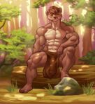  abs anthro blazingifrit bottomwear bulge clothing flaccid forest fur genital_outline genitals grass hair log loincloth male mammal multicolored_body multicolored_fur muscular muscular_anthro muscular_male mustela mustelid musteline pecs penis penis_outline plant rock sitting solo stoat tree true_musteline two_tone_body two_tone_fur wood 