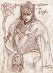 1boy armor cape character_name closed_mouth crown dated highres kazuki-mendou long_hair looking_at_viewer male_focus one-hour_drawing_challenge orange_eyes orange_theme own_hands_together signature silmarillion solo spot_color traditional_media turgon 