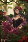 1girl alcohol animal artist_name bare_shoulders black_hair black_leotard blue_eyes breasts bug butterfly candle cleavage commentary cup detached_sleeves dragalia_lost drinking_glass english_commentary fire flower glint granblue_fantasy hair_flower hair_ornament hentaki highres holding holding_cup insect leotard long_hair long_sleeves looking_at_viewer medium_breasts parted_lips puffy_long_sleeves puffy_sleeves purple_legwear purple_sleeves red_flower red_rose rose rose_queen shingeki_no_bahamut sitting solo tree very_long_hair watermark web_address wine wine_glass 