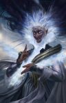  1boy commentary crown dymond_starr english_commentary fingernails floating_hair glowing glowing_eyes hand_up highres horned_headwear long_hair looking_at_viewer male_focus manwe pointy_ears purple_eyes robe silmarillion solo very_long_hair 
