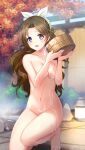  1girl barefoot basket bow breasts brown_hair collarbone completely_nude day doukyuusei_another_world game_cg hair_bow hair_intakes holding holding_basket kakyuusei_2 long_hair looking_at_viewer medium_breasts navel nude official_art onsen open_mouth outdoors purple_eyes shiny shiny_hair shirai_yuuri solo very_long_hair white_bow 
