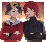  2boys ahoge backwards_hat black_eyes black_hair closed_mouth commission commissioner_upload ethan_(pokemon) grin hat high_collar highres jacket looking_at_another male_focus multiple_boys open_mouth pokemon pokemon_(game) pokemon_hgss purple_eyes red_hair short_hair silver_(pokemon) sky smile sunset syerii teeth 